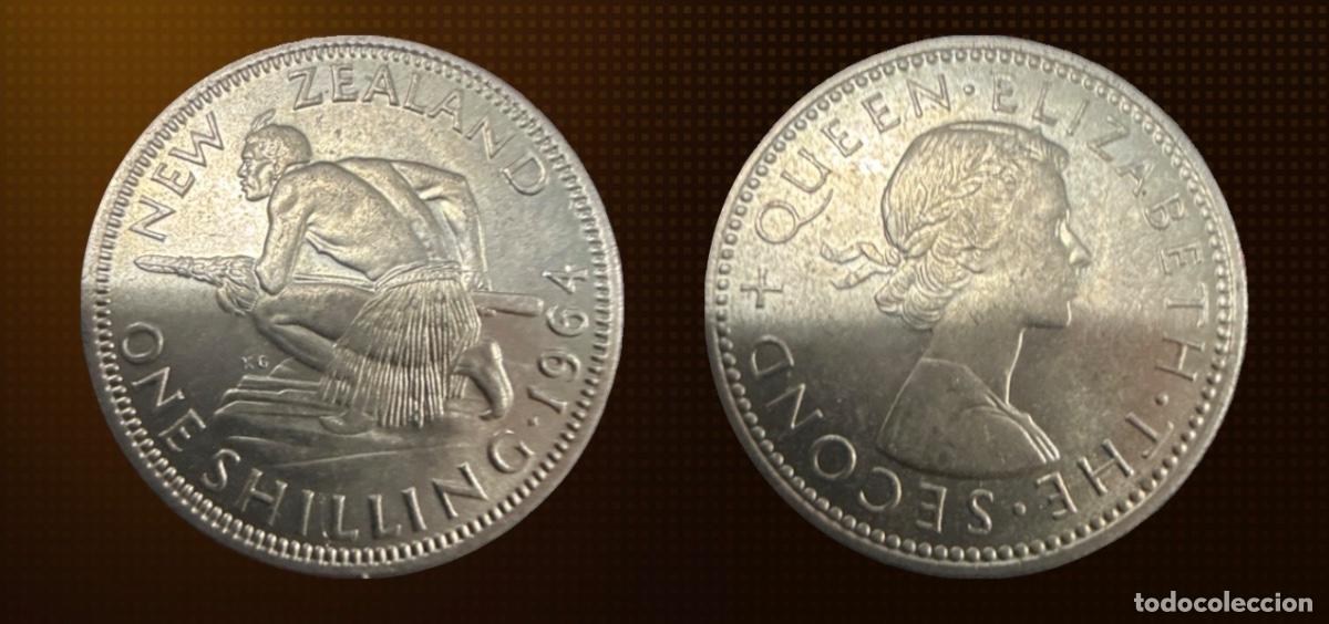 Monedas antiguas de Ocean&iacute;a: Nueva Zelanda 1 chel&iacute;n &middot; 1964