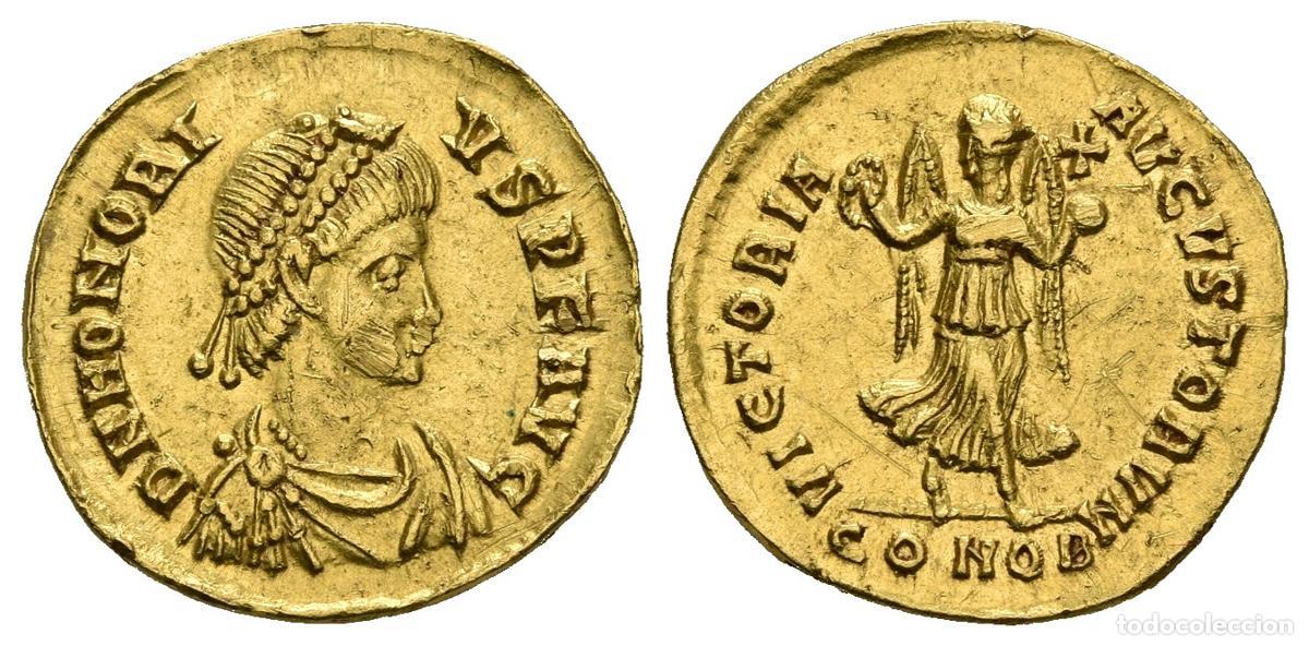 Monedas antiguas: HONORIO. Tremisis. (Au. 1,31g/14mm). 408-420 d.C. Constantinopla. Anv: D N HONORIVS P F AVG. Busto d