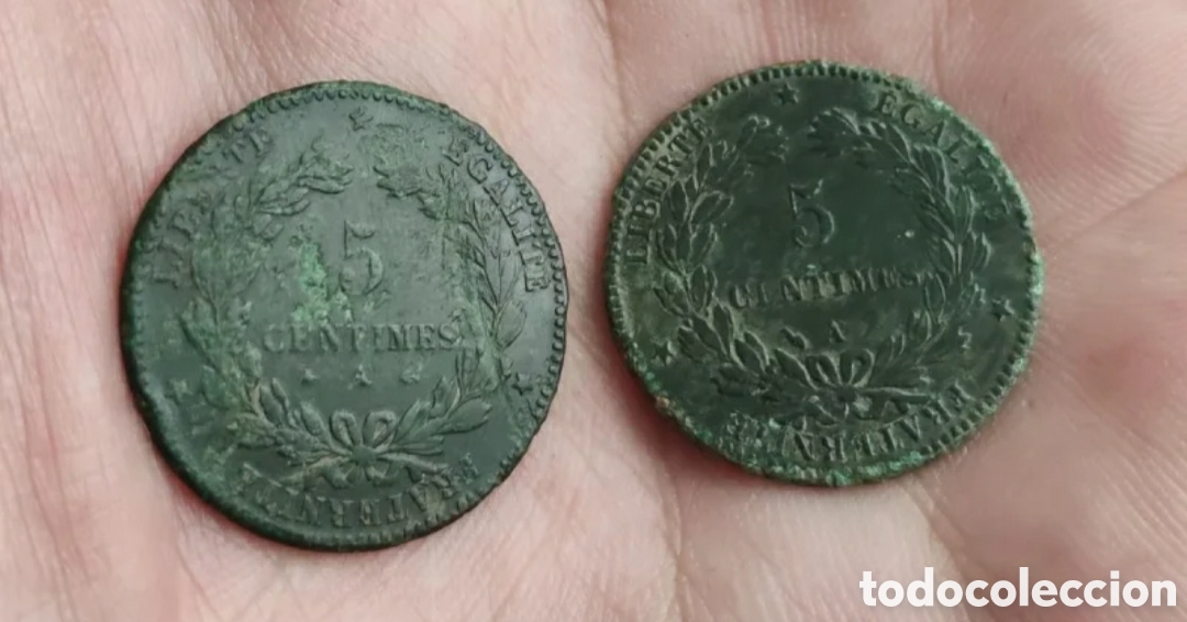 Monedas antiguas: 2 Monedas Francesas 5 C&eacute;ntimos Bronce 1879 y 1897 - Foto 2