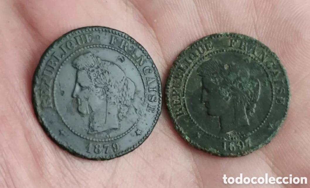 Monedas antiguas: 2 Monedas Francesas 5 C&eacute;ntimos Bronce 1879 y 1897