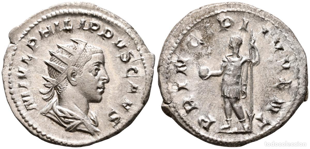 Monete antiche: FILIPO II. Antoniniano. (Ar. 4,42g/24mm). 246-247 d.C. Roma. (RIC 218d). Anv: Busto radiado y drapea
