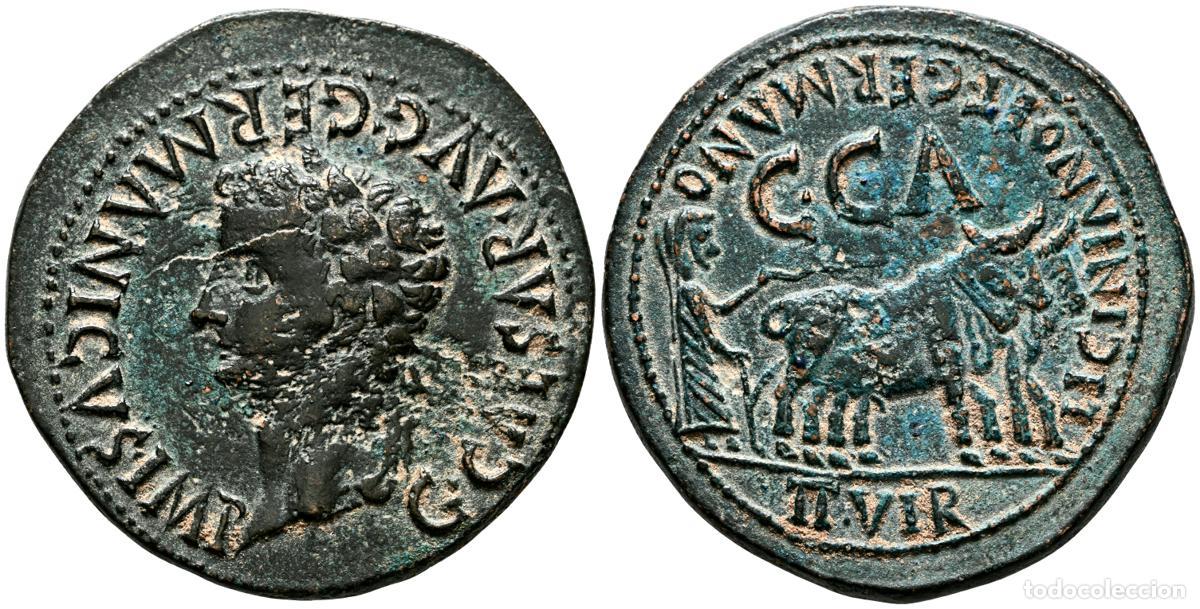 Monedas antiguas: CAESARAUGUSTA (Zaragoza). As. (Ae. 13,84g/31mm). 37-41 d.C. (FAB-391) Anv: Cabeza de Cal&iacute;gula laurea