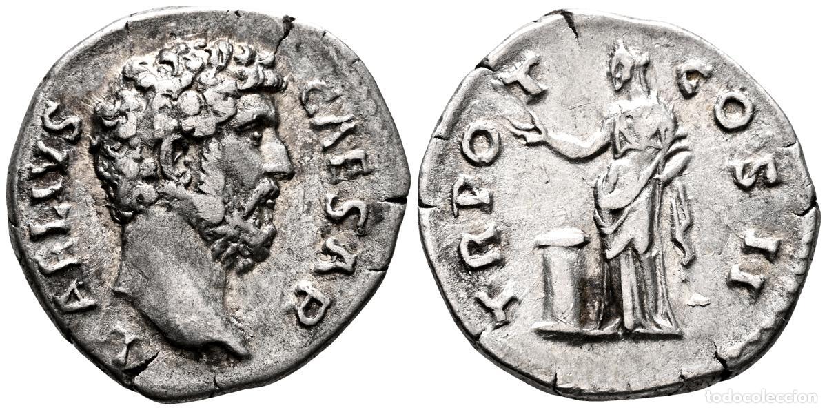 Moedas antigas: AELIO. Denario. (Ar. 3,01g/18mm). 137 d.C. Roma. (RIC 432). Anv: Cabeza de Aelio a derecha, alrededo