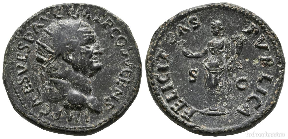 Moedas antigas: VESPASIANO. Dupondio. (Ae. 11,66g/27mm). 74 d.C. Roma. Anv: IMP CAES VESP AVG P M TR COS V CENS. Bus