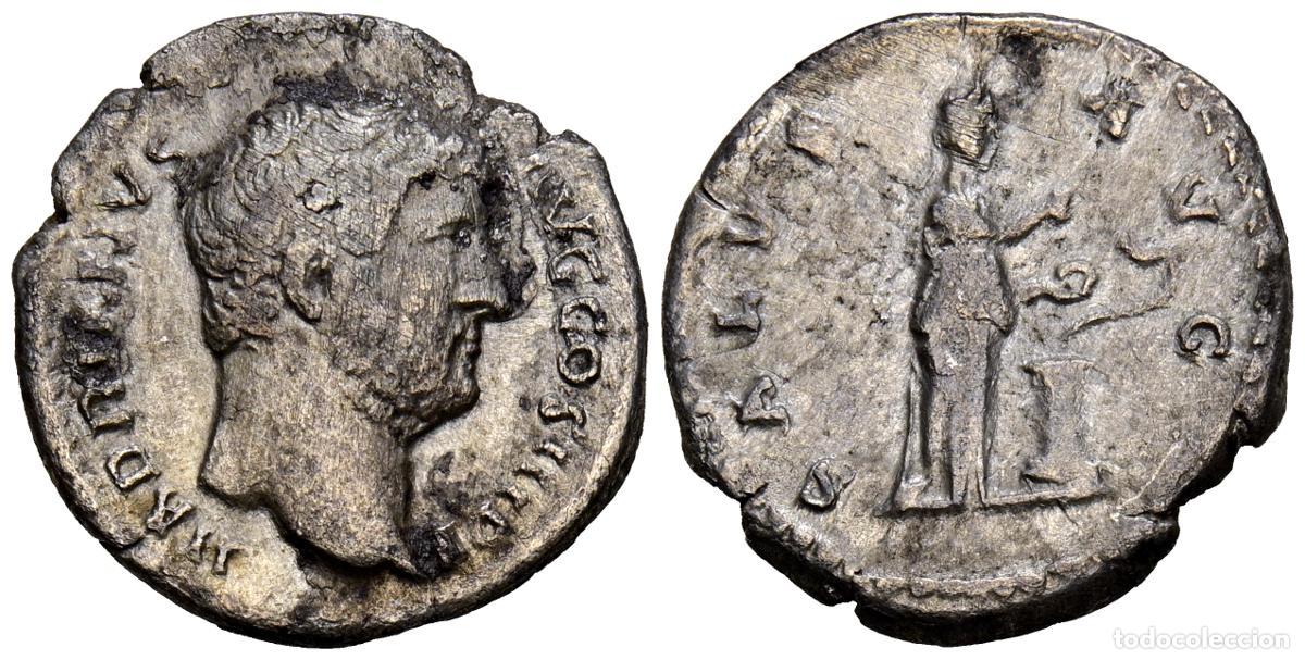 Moedas antigas: ADRIANO. Denario. (Ar. 2,85g/18mm). 134-138 d.C. Roma. (RIC 267). Anv: Cabeza de Adriano a derecha,