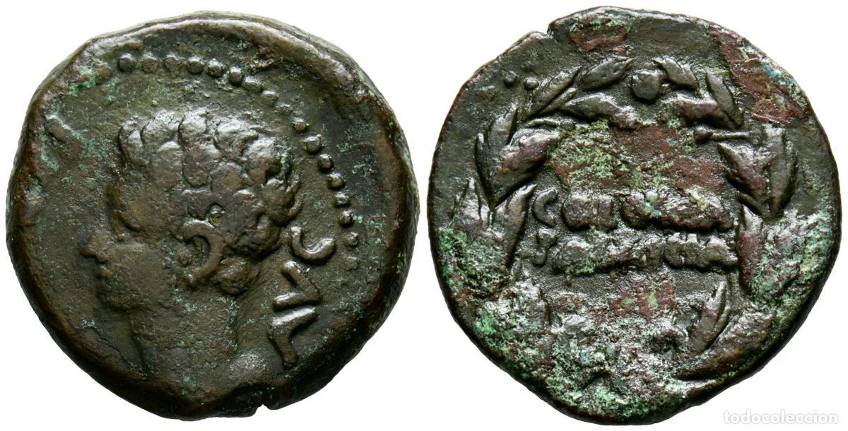 Moedas antigas: COLONIA PATRICIA (C&oacute;rdoba). As. (Ae. 7,99g/25mm). 27 a.C.-14 d.C. (FAB-1989). Anv: Cabeza de Augusto