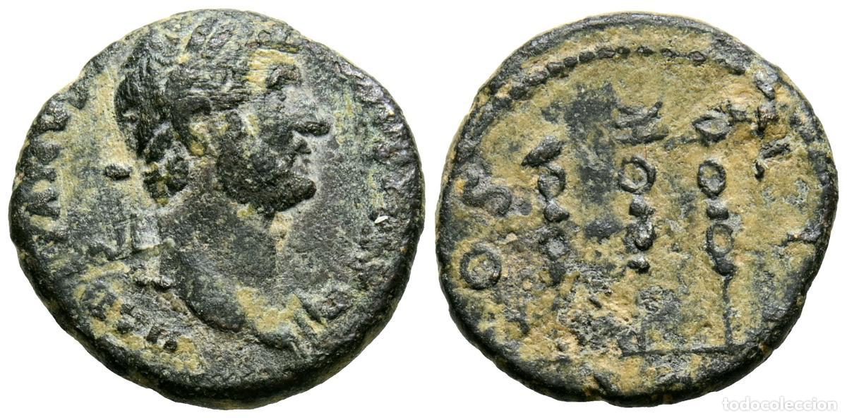 Moedas antigas: ADRIANO. Cuadrante. (Ae. 2,63g/17mm). 125-128 d.C. Roma. (RIC 689). Anv: Cabeza laureada de Adriano
