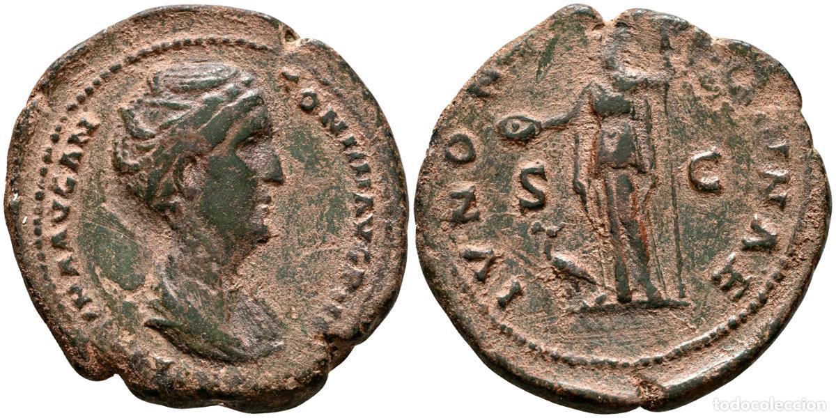 Moedas antigas: FAUSTINA I. As. (Ae. 9,88g/29mm). 138-141 d.C. Roma. (RIC 1091). Anv: Busto diademado y drapeado de