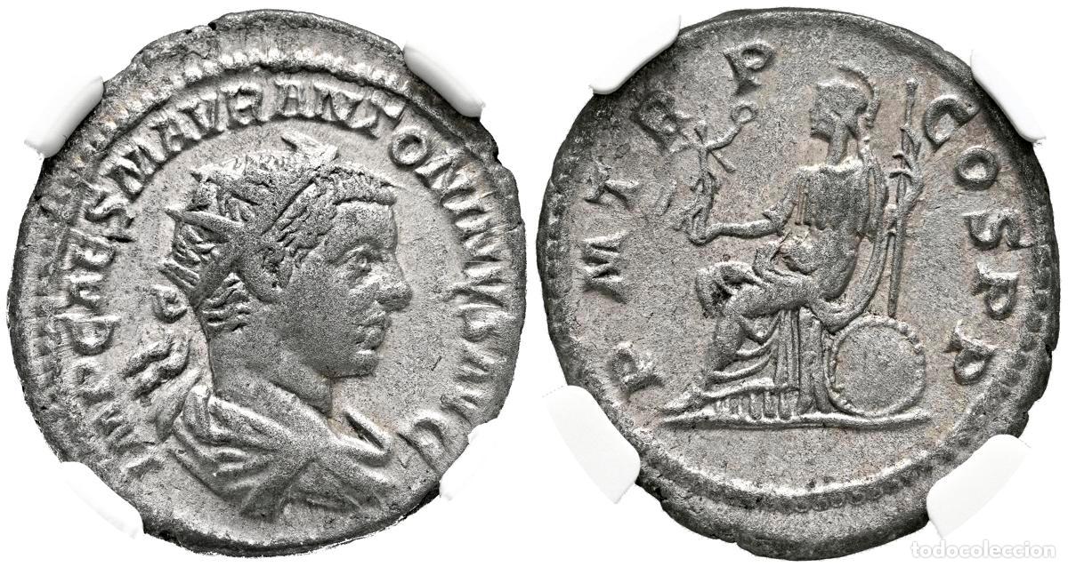 Moedas antigas: HELIOGABALO. Antoniniano. (Ar. 5,30g/22mm)*. 218 d.C. Roma. (RIC 1). Anv: Busto radiado, drapeado y