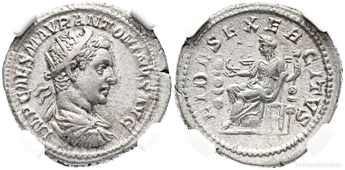 Moedas antigas: HELIOGABALO. Antoniniano. (Ar. 5,30g/22mm)*. 218-219 d.C. Roma. (RIC 70). Anv: Busto radiado, drapea