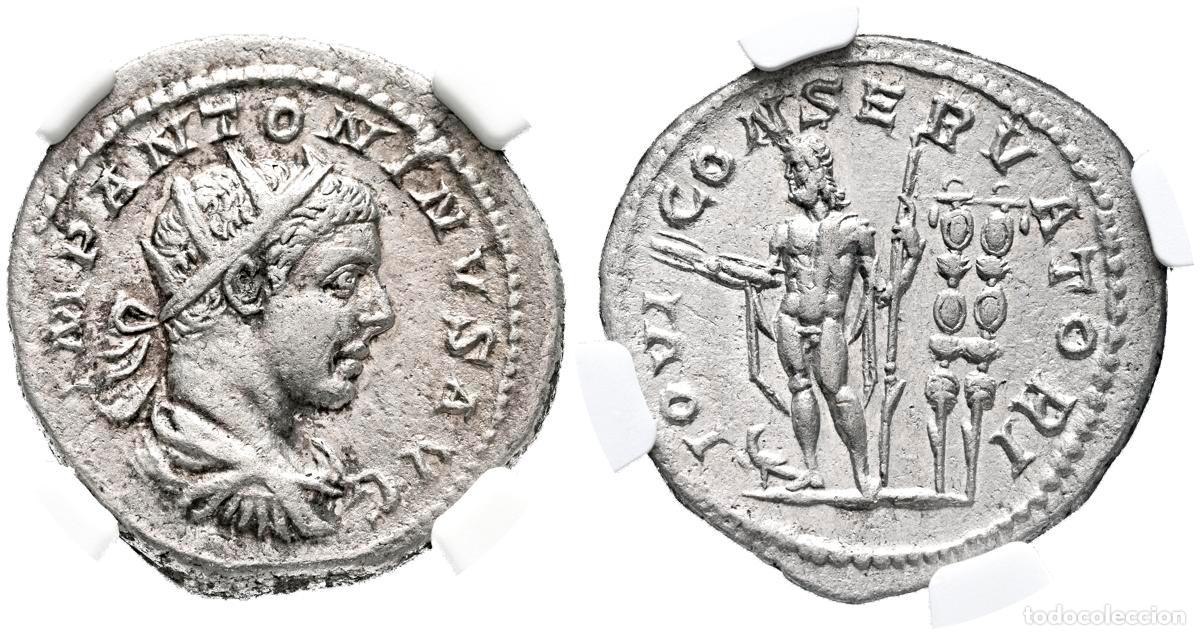 Moedas antigas: HELIOGABALO. Antoniniano. (Ar. 5,30g/22mm)*. 219 d.C. Roma. (RIC 90). Anv: Busto radiado, drapeado y