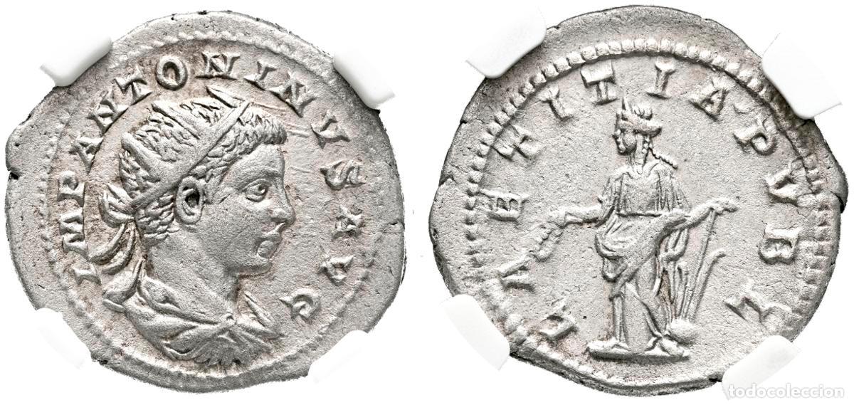 Moedas antigas: HELIOGABALO. Antoniniano. (Ar. 5,30g/22mm)*. 219 d.C. Roma. (RIC 94). Anv: Busto radiado, drapeado y