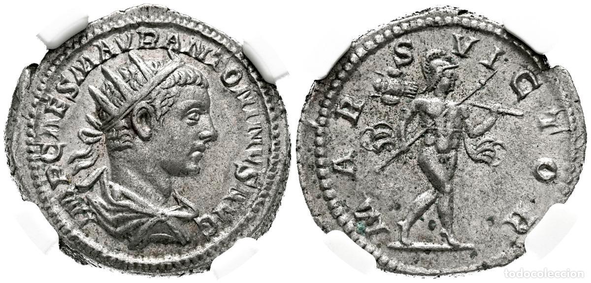 Moedas antigas: HELIOGABALO. Antoniniano. (Ar. 5,30g/22mm)*. 218-219 d.C. Roma. (RIC 122). Anv: Busto radiado, drape