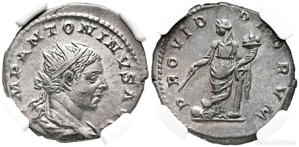 Moedas antigas: HELIOGABALO. Antoniniano. (Ar. 5,30g/22mm)*. 219-220 d.C. Roma. (RIC 129). Anv: Busto radiado, drape