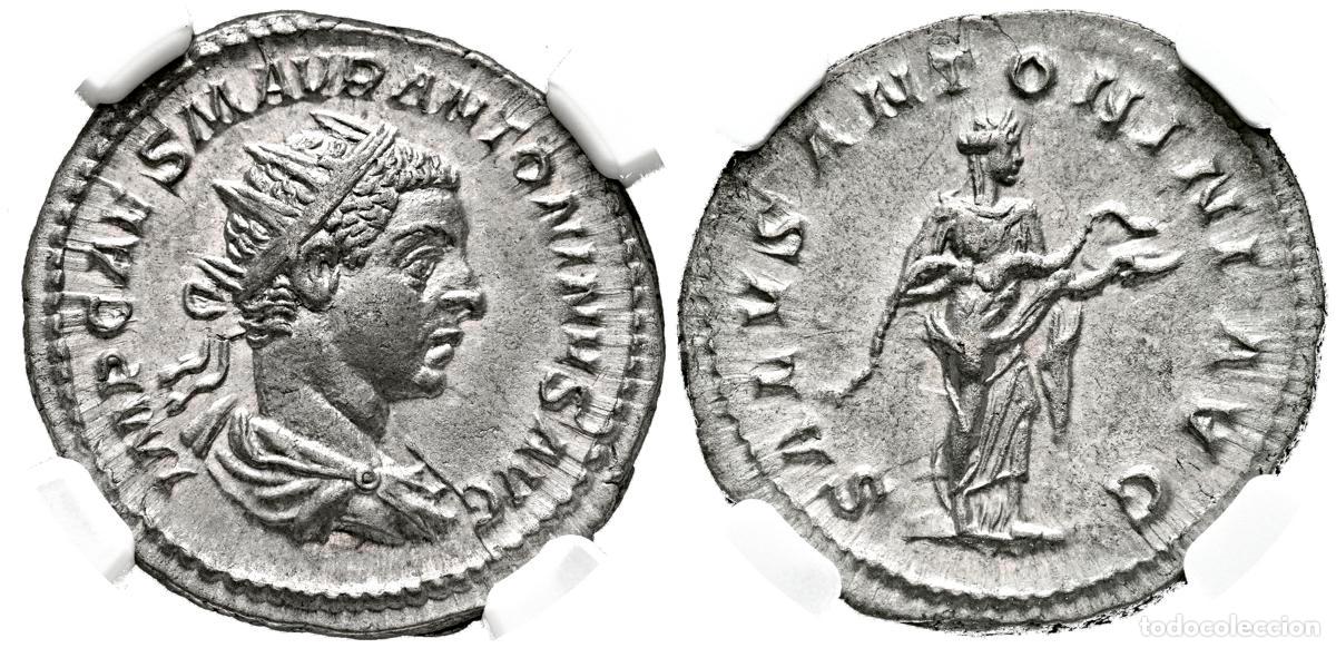 Moedas antigas: HELIOGABALO. Antoniniano. (Ar. 5,30g/22mm)*. 219-220 d.C. Roma. (RIC 138). Anv: Busto radiado, drape