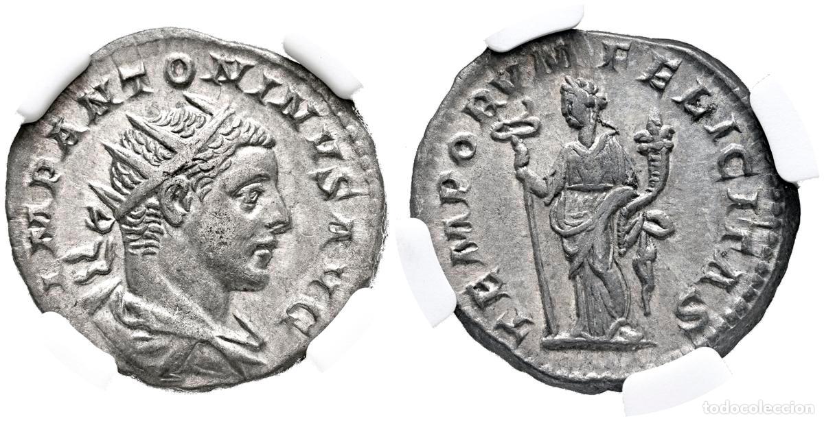 Moedas antigas: HELIOGABALO. Antoniniano. (Ar. 5,30g/22mm)*. 219-220 d.C. Roma. (RIC 149). Anv: Busto radiado, drape