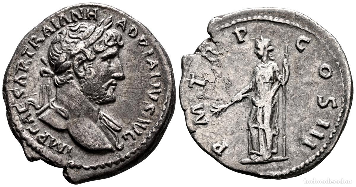 Moedas antigas: ADRIANO. Denario. (Ar. 2,94g/19mm). 119-120 d.C. Roma. (RIC 223). Anv: Busto laureado de Adriano a d