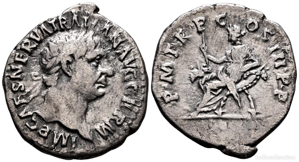 Moedas antigas: TRAJANO. Denario. (Ar. 3,12g/20mm). 100 d.C. Roma. (RIC 32). Anv: Cabeza laureada de Trajano a derec