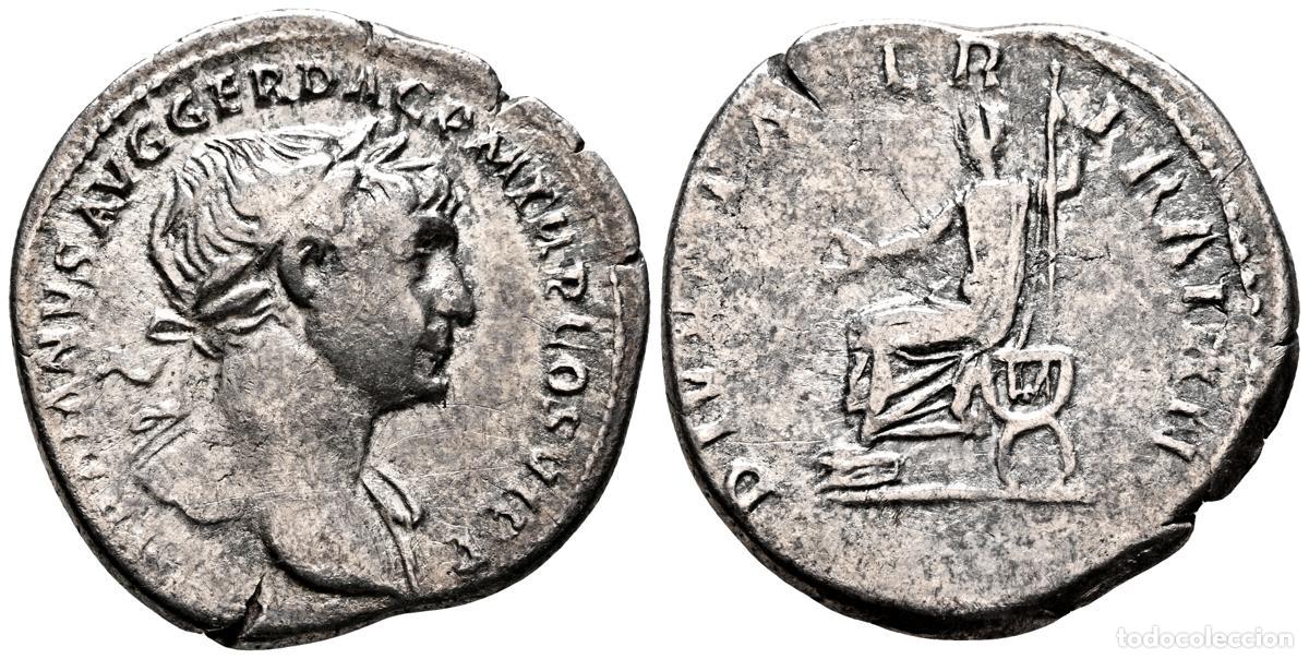 Moedas antigas: TRAJANO. Denario. (Ar. 2,78g/19mm). 112-113 d.C. Roma. (RIC 252). Anv: Busto laureado de Trajano a d