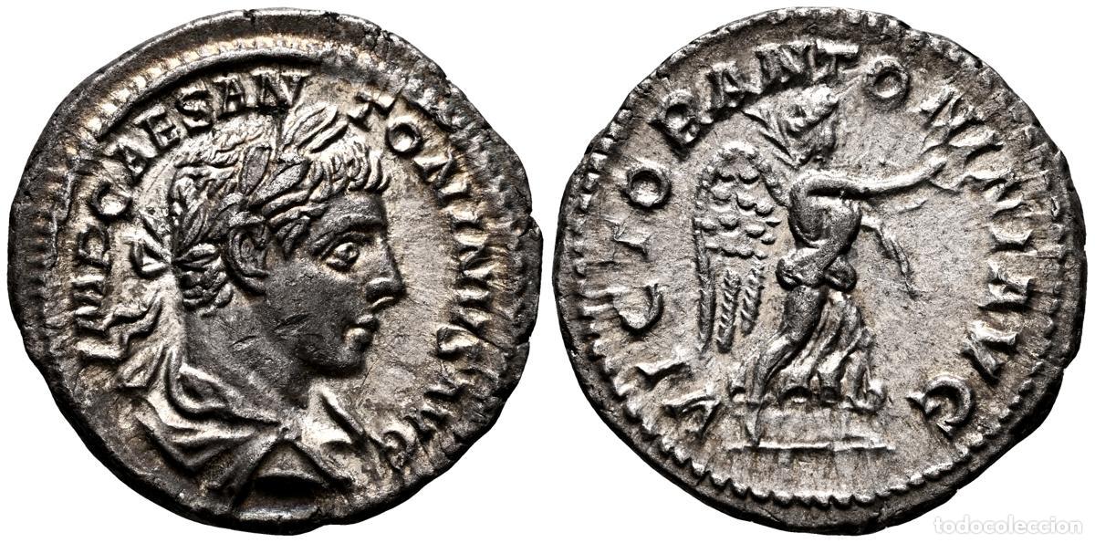 Old Coins: HELIOGABALO. Denario. (Ar. 2,93g/20mm). 219 d.C. Roma. (RIC 153). Anv: Busto laureado y drapeado de