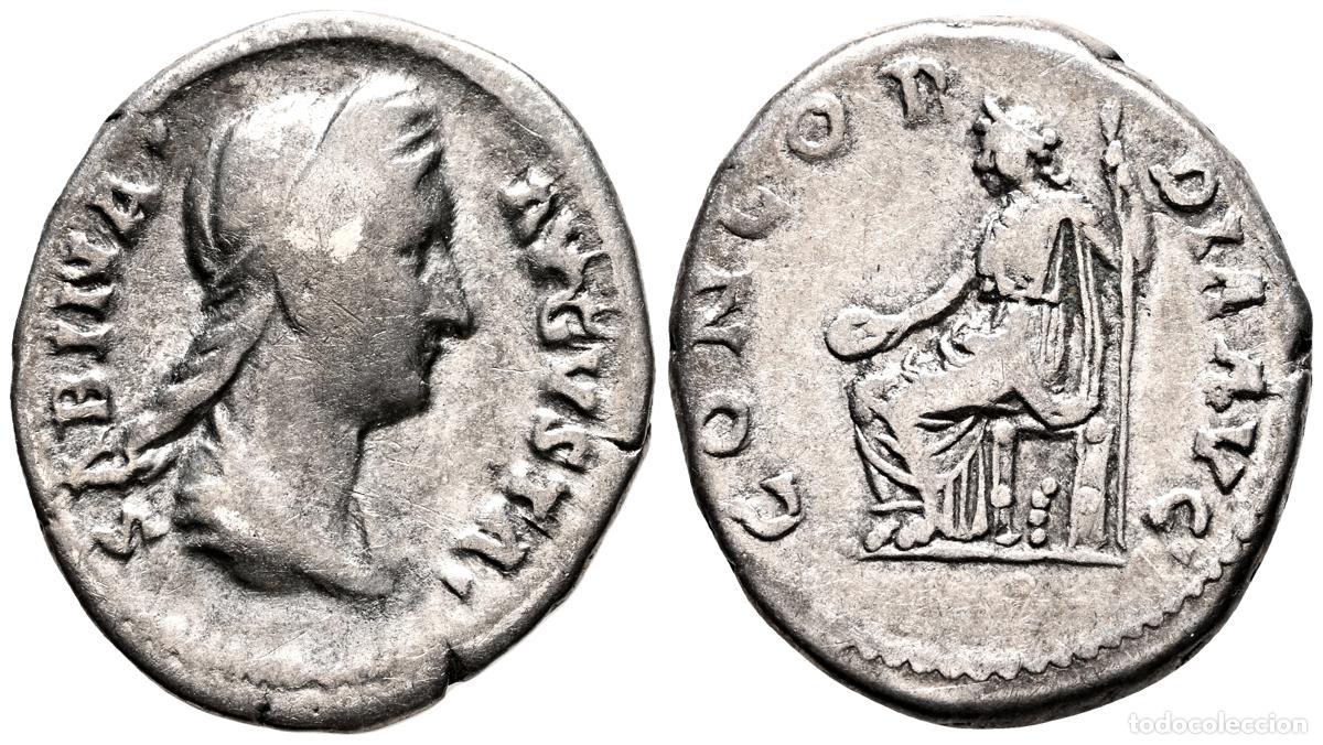Monedas antiguas: SABINA. Denario. (Ar. 3,24g/18mm). 128-137 d.C. Roma. (RIC 391). Anv: Busto diademado y drapeado de