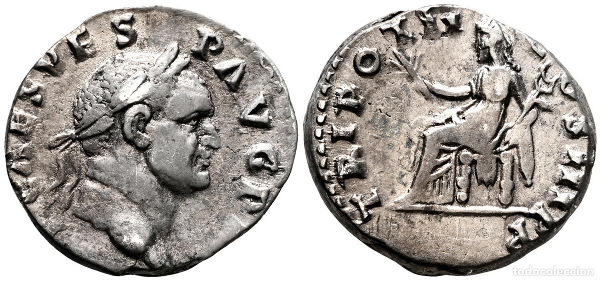 Monedas antiguas: VESPASIANO. Denario. (Ar. 3,51g/18mm). 71 d.C. Roma. (RIC 41). Anv: Cabeza laureada de Vespasiano a