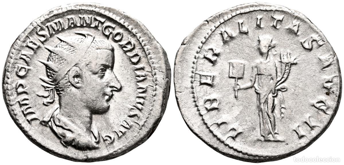 Monedas antiguas: GORDIANO III. Antoniniano. (Ar. 4,87g/23mm). 240 d.C. Roma. (RIC 36). Anv: Busto radiado y drapeado