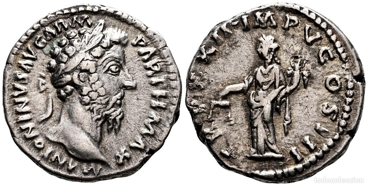 Monedas antiguas: MARCO AURELIO. Denario. (Ar. 3,40g/18mm). 172-173 d.C. Roma. (RIC 192). Anv: Cabeza laureada de Marc