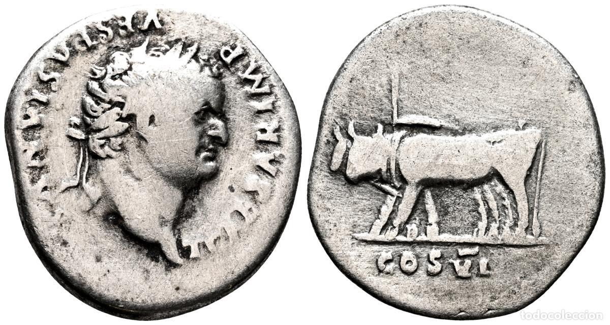 Monedas antiguas: TITO. Denario. (Ar. 2,99g/19mm). 77-78 d.C. Roma. (RIC 951). Anv: Cabeza laureada de Tito a derecha,