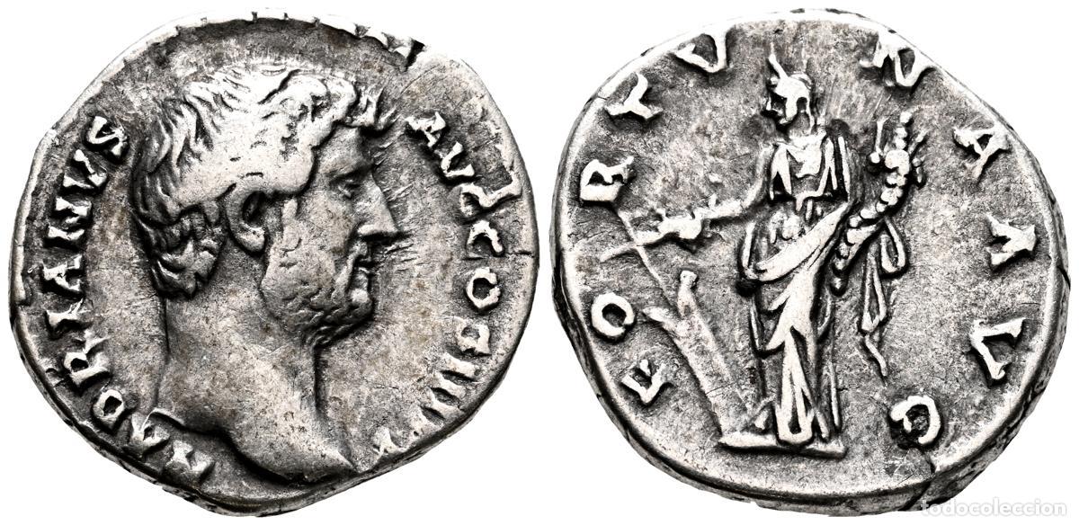 Monedas antiguas: ADRIANO. Denario. (Ar. 3,38g/17mm). 134-138 d.C. Roma. (RIC 224d). Anv: Busto laureado de Adriano a