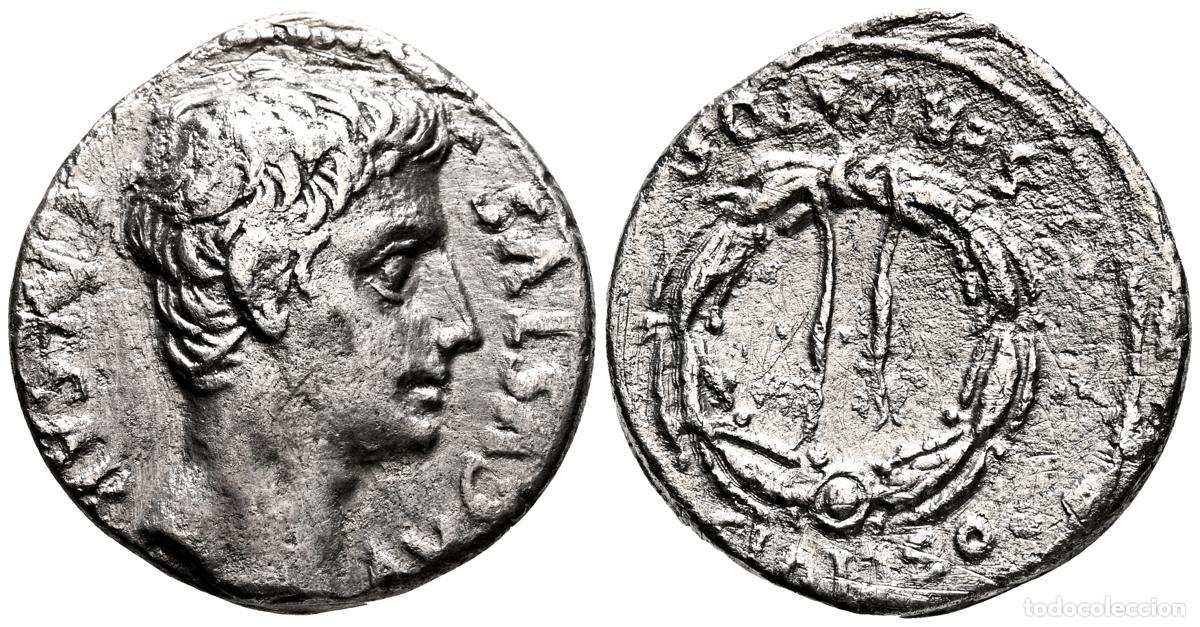 Monedas antiguas: AUGUSTO. Denario. (Ar. 3,54g/18mm). 19 a.C. Colonia Patricia. (RIC 75a). Anv: Cabeza desnuda de Augu
