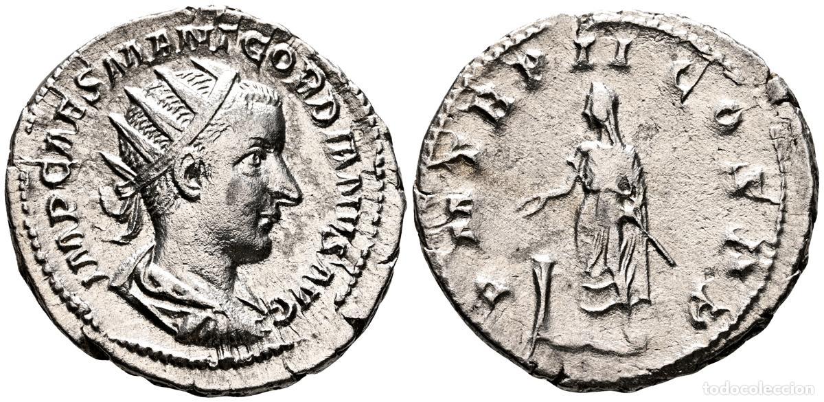 Monete antiche: GORDIANO III. Antoniniano. (Ar. 4,14g/23mm). 240 d.C. Roma. (RIC 37). Anv: Busto radiado, drapeado y