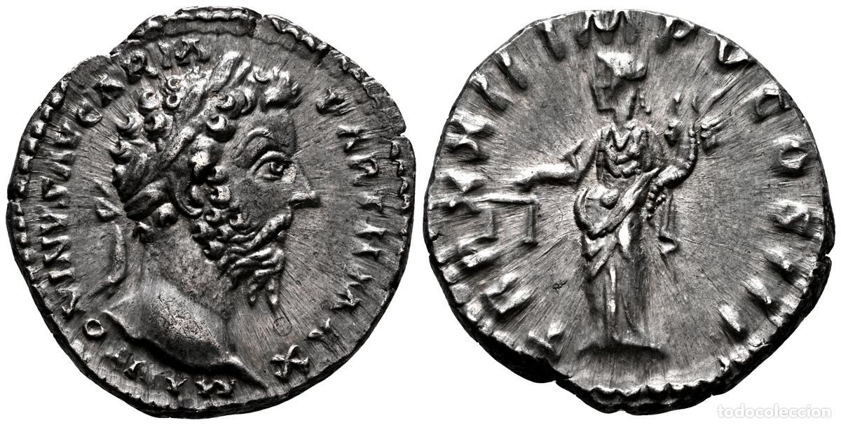 Monete antiche: MARCO AURELIO. Denario. (Ar. 3,39g/19mm). 172-173 d.C. Roma. (RIC 192). Anv: Cabeza laureada de Marc
