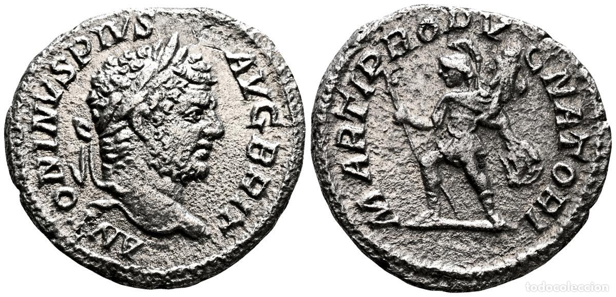 Monete antiche: CARACALLA. Denario. (Ar. 2,73g/19mm). 210-213 d.C. Roma. (RIC 235). Anv: Busto laureado de Caracalla