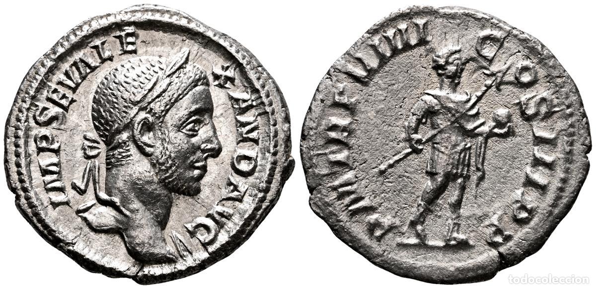 Monete antiche: ALEJANDRO SEVERO. Denario. (Ar. 2,97g/20mm). 230 d.C. Roma. (RIC 105). Anv: Busto laureado de Alejan