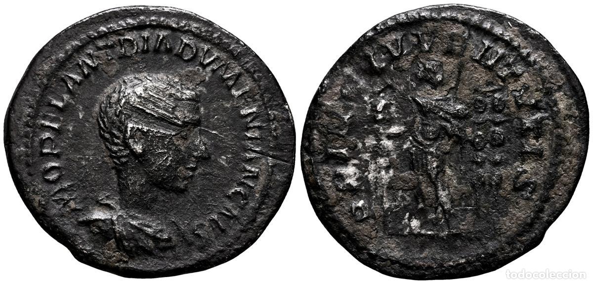 Monedas antiguas: DIADUMENIANO. Denario. (Ar. 1,82g/18mm). 217-218 d.C. Roma. (RIC 107). Anv: Busto drapeado y con cor
