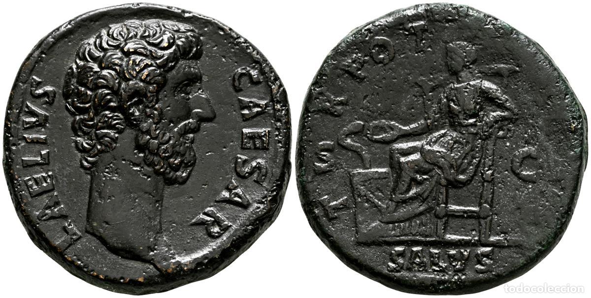 Monedas antiguas: AELIO. Sestercio. (Ae. 23,20g/31mm). 136-138 d.C. Roma. (RIC 2677). Anv: Cabeza de Aelio a derecha,