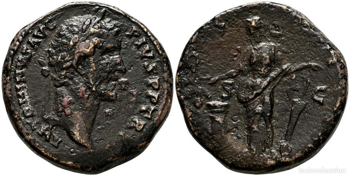 Monedas antiguas: ANTONINO PIO. Sestercio. (Ae. 24,13g/31mm). 144 d.C. Roma. (RIC 749). Anv: Cabeza laureada de Antoni