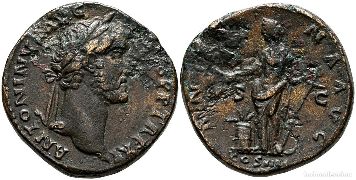 Monedas antiguas: ANTONINO PIO. Sestercio. (Ae. 23,21g/32mm). 147-148 d.C. Roma. (RIC 840). Anv: Cabeza laureada de An