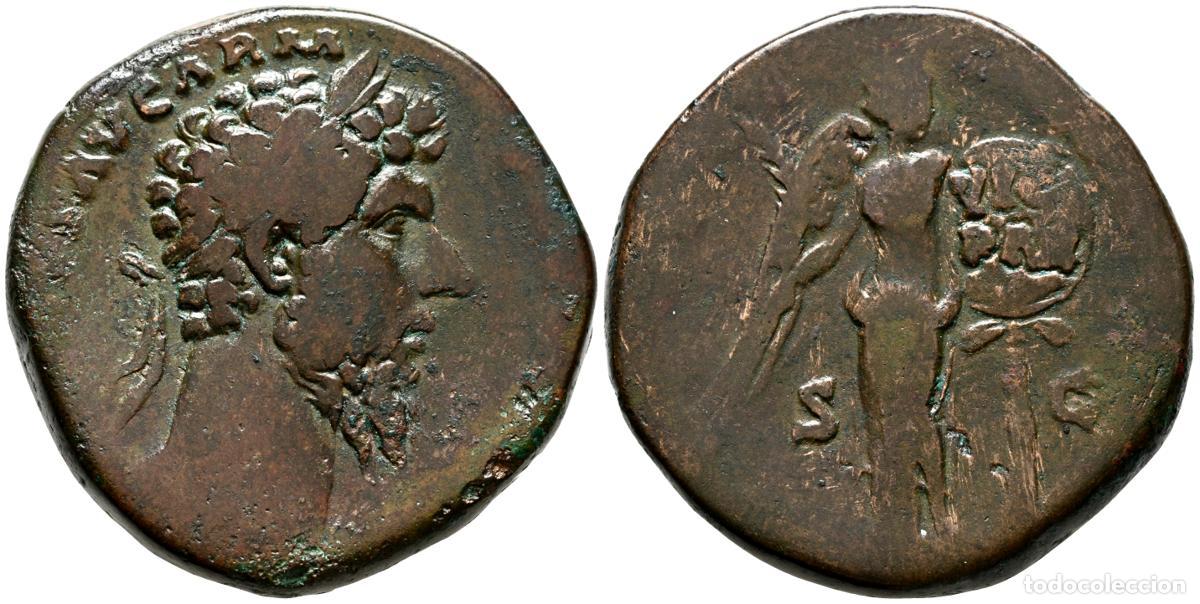 Monedas antiguas: MARCO AURELIO. Sestercio. (Ae. 21,45g/29mm). 166 d.C. Roma. (RIC 931). Anv: Cabeza laureada de Marco