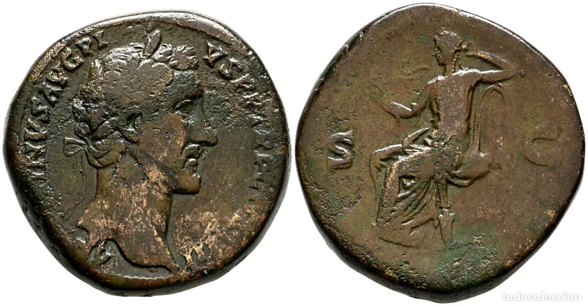 Monedas antiguas: ANTONINO PIO. Sestercio. (Ae. 27,55g/30mm). 147 d.C. Roma. (RIC 782). Anv: Cabeza laureada de Antoni