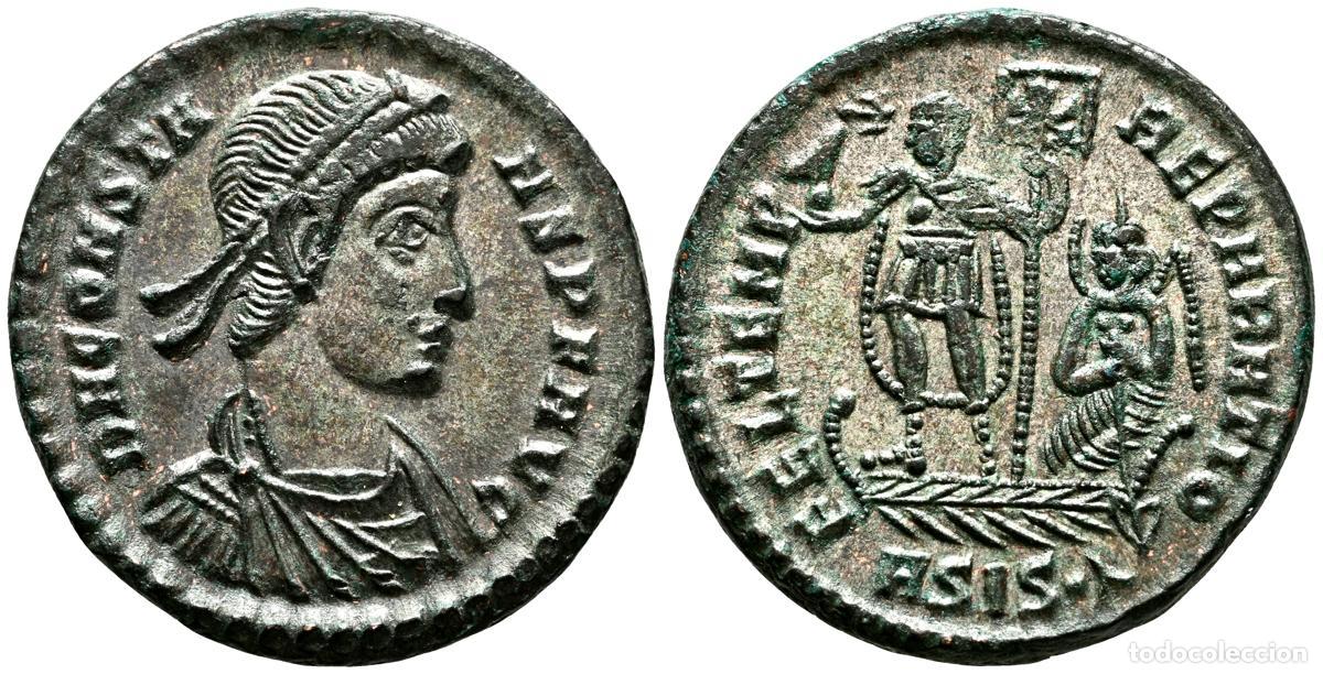 Monedas antiguas: CONSTANTE. Follis. (Ae. 5,26g/23mm). 305-306 d.C. Siscia. (RIC 199). Anv: Busto laureado, drapeado y