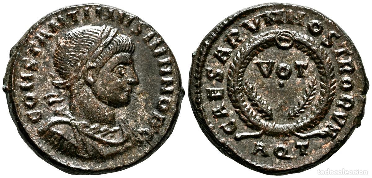 Monedas antiguas: CONSTANTINO II. Follis. (Ae. 3,97g/19mm). 321 d.C. Aquileia. (RIC 111). Anv: Busto laureado, drapead