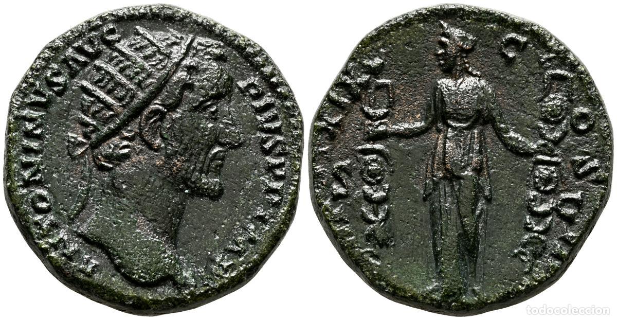 Monedas antiguas: ANTONINO PIO. Sestercio. (Ae. 11,89g/25mm). 155-156 d.C. Roma. (RIC 951). Anv: Cabeza radiada de Ant