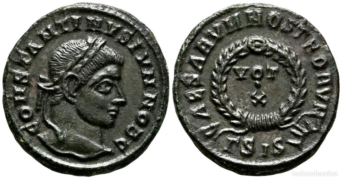 Monedas antiguas: CONSTANTINO II. Follis. (Ae. 2,91g/18mm). 320-321 d.C. Siscia. (RIC 159). Anv: Cabeza laureada de Co