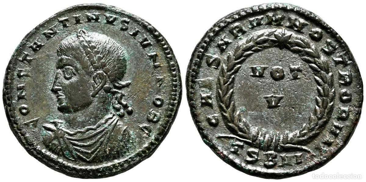 Monedas antiguas: CONSTANTINO II. Follis. (Ae. 3,22g/19mm). 320-321 d.C. Tesal&oacute;nica. (RIC 120). Anv: Busto laureado, d