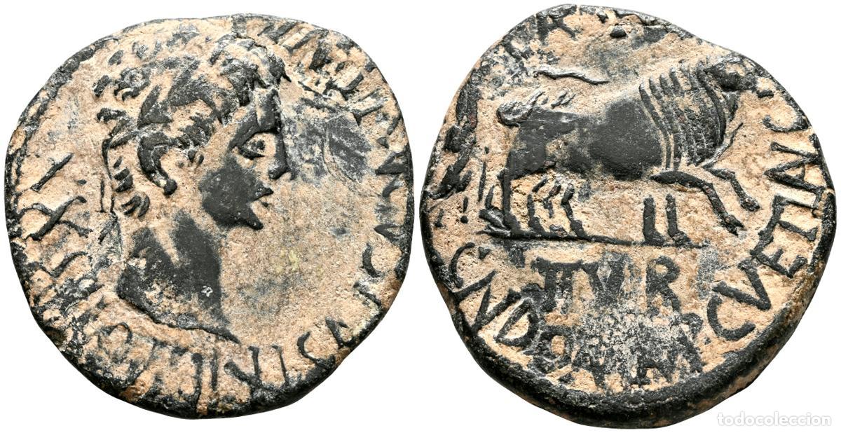 Monedas antiguas: CAESARAUGUSTA (Zaragoza). As. (Ae. 9,43g/26mm). 27 a.C.-14 d.C. (FAB-327). Anv: Cabeza de Augusto la