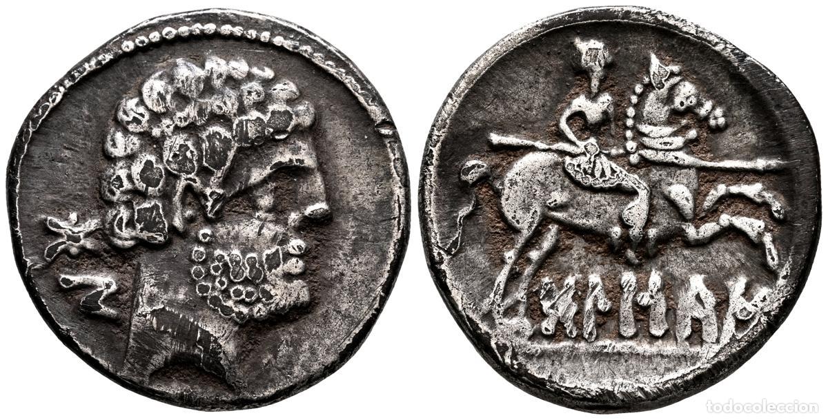 Monedas antiguas: BOLSCAN (Huesca). Denario. (Ar. 3,31g/18mm). 180-20 a.C. (FAB-1911). Anv: Cabeza masculina barbada a