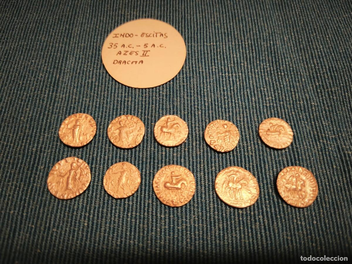 Monedas antiguas: Un lote de 10 monedas Dracma del reino Indo -Escita. Entre el 35 AC y el 5 AC bajo el Rey Azes II