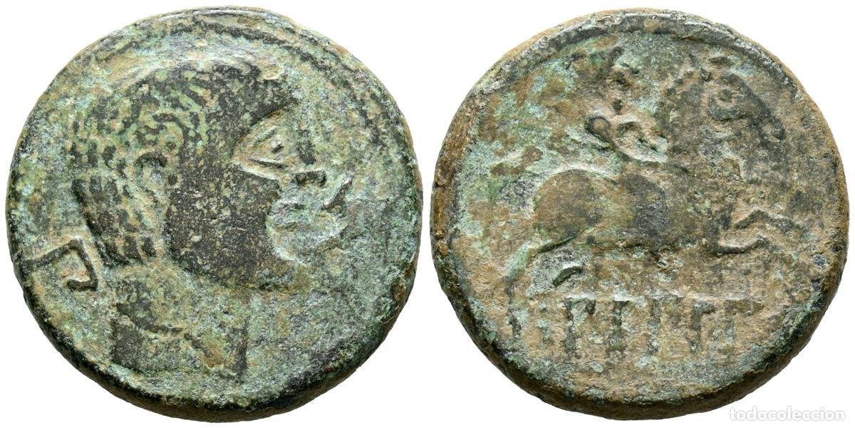 Monedas antiguas: BILBILIS (Calatayud, Zaragoza). As. (Ae. 13,01g/27mm). 120-30 a.C. (FAB-258). Anv: Cabeza masculina
